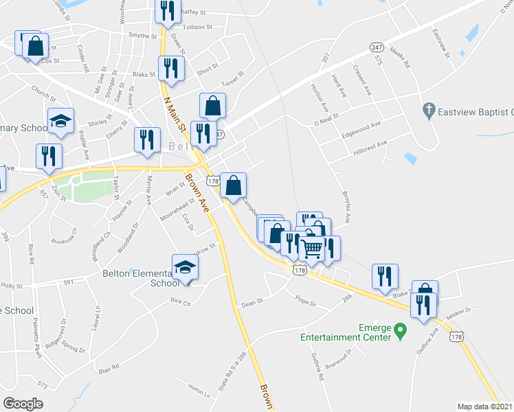 map of restaurants, bars, coffee shops, grocery stores, and more near 308 Campbell Street in Belton