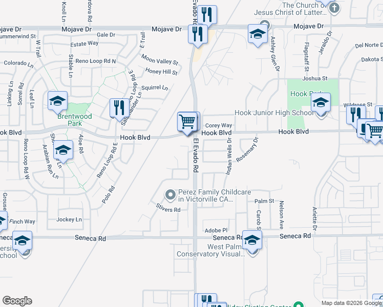 map of restaurants, bars, coffee shops, grocery stores, and more near 14800 Cheyenne Place in Victorville
