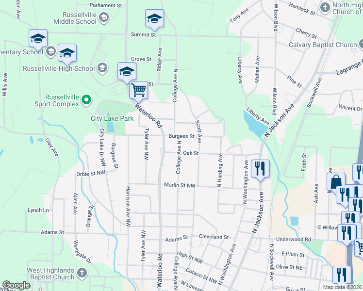 map of restaurants, bars, coffee shops, grocery stores, and more near 414 Oak Street in Russellville