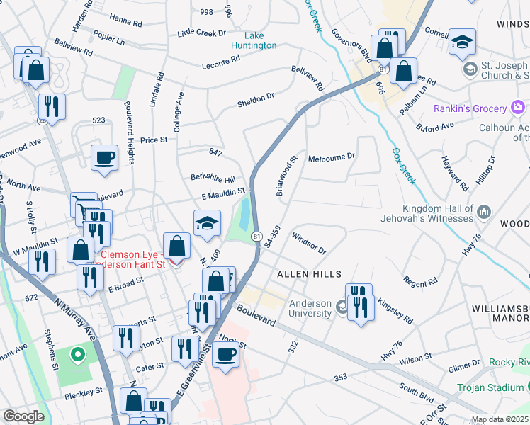 map of restaurants, bars, coffee shops, grocery stores, and more near 1110 East Greenville Street in Anderson
