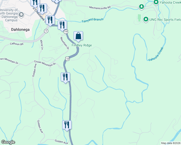 map of restaurants, bars, coffee shops, grocery stores, and more near 98 Aspen Court in Dahlonega