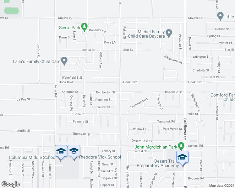 map of restaurants, bars, coffee shops, grocery stores, and more near 14827 Kimberly Street in Adelanto