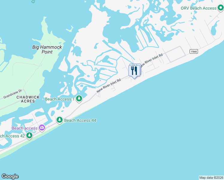 map of restaurants, bars, coffee shops, grocery stores, and more near 1896 New River Inlet Road in North Topsail Beach