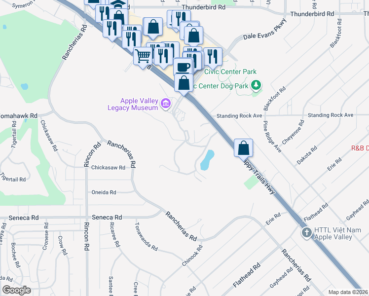 map of restaurants, bars, coffee shops, grocery stores, and more near 22099 California 18 in Apple Valley
