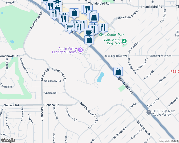 map of restaurants, bars, coffee shops, grocery stores, and more near Apple Valley Inn Road in Apple Valley