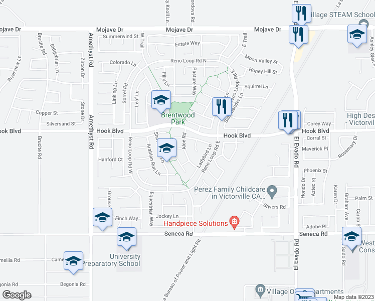 map of restaurants, bars, coffee shops, grocery stores, and more near 14829 Aloe Road in Victorville