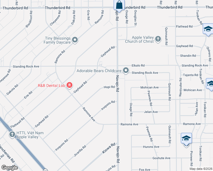 map of restaurants, bars, coffee shops, grocery stores, and more near 14755 Hopi Road in Apple Valley