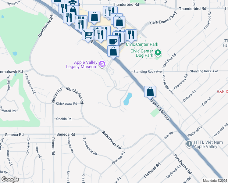 map of restaurants, bars, coffee shops, grocery stores, and more near Apple Valley Inn Road in Apple Valley