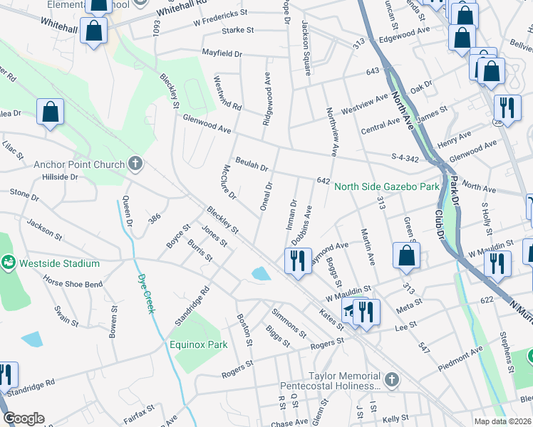 map of restaurants, bars, coffee shops, grocery stores, and more near 301 Oneal Drive in Anderson