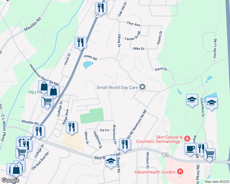 map of restaurants, bars, coffee shops, grocery stores, and more near 333 Mount Vernon Drive in Calhoun