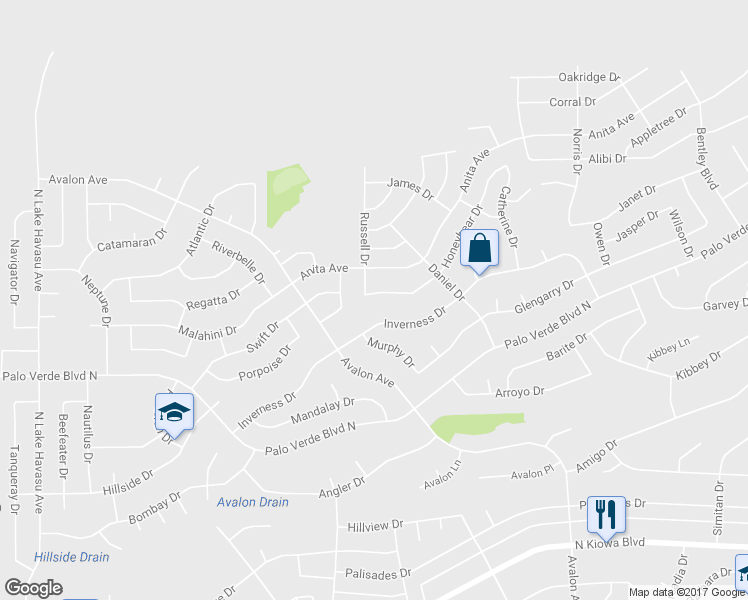 map of restaurants, bars, coffee shops, grocery stores, and more near 2510 Honeybear Drive in Lake Havasu City