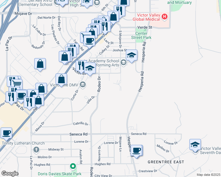 map of restaurants, bars, coffee shops, grocery stores, and more near Rodeo Drive in Victorville