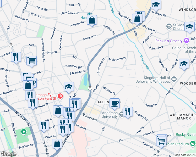 map of restaurants, bars, coffee shops, grocery stores, and more near 1110 East Greenville Street in Anderson