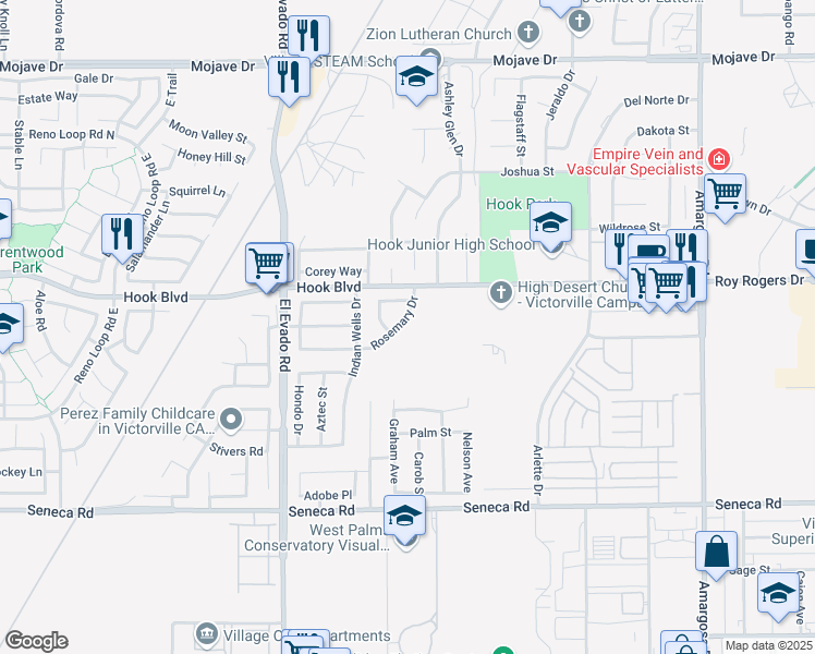 map of restaurants, bars, coffee shops, grocery stores, and more near 14833 Rosemary Drive in Victorville