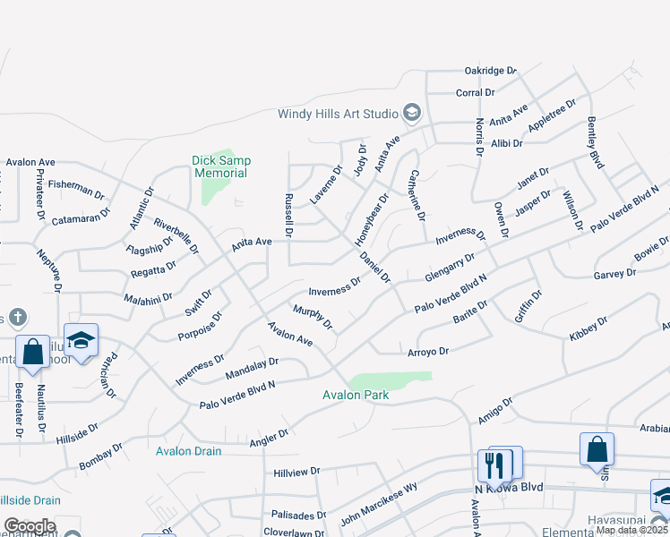 map of restaurants, bars, coffee shops, grocery stores, and more near 2565 Inverness Drive in Lake Havasu City