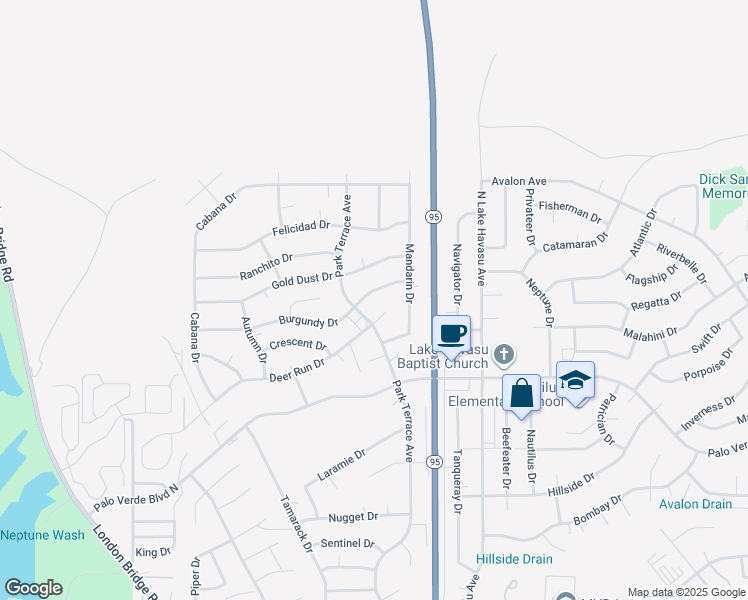 map of restaurants, bars, coffee shops, grocery stores, and more near 1638 Park Terrace Avenue in Lake Havasu City