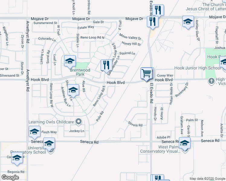 map of restaurants, bars, coffee shops, grocery stores, and more near 14818 Steeplechase Road in Victorville