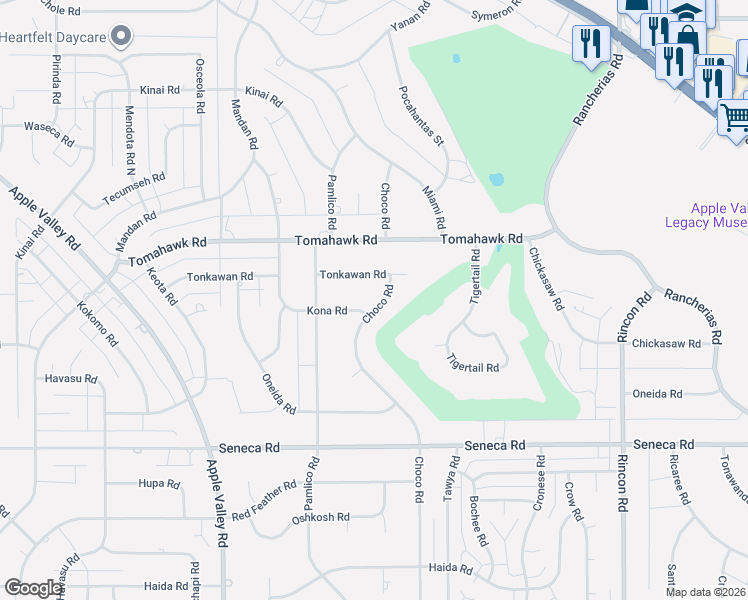 map of restaurants, bars, coffee shops, grocery stores, and more near 14767 Choco Road in Apple Valley
