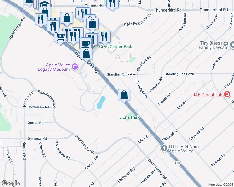 map of restaurants, bars, coffee shops, grocery stores, and more near California 18 in Apple Valley