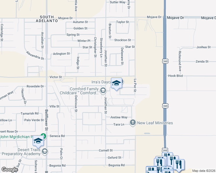map of restaurants, bars, coffee shops, grocery stores, and more near 14826 Benjamin Road in Adelanto