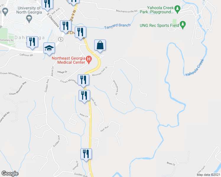 map of restaurants, bars, coffee shops, grocery stores, and more near 60 Aspen Court in Dahlonega