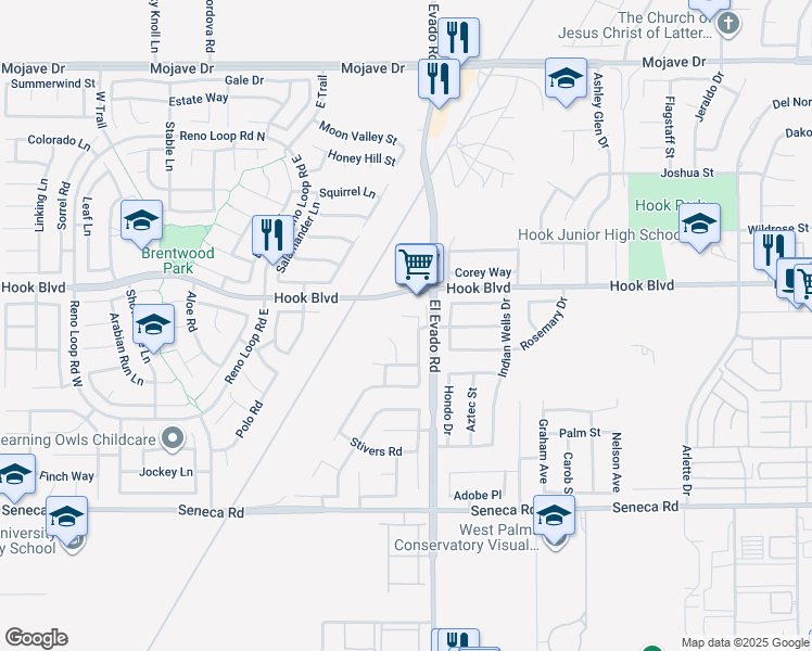 map of restaurants, bars, coffee shops, grocery stores, and more near 14447 Carter Court in Victorville