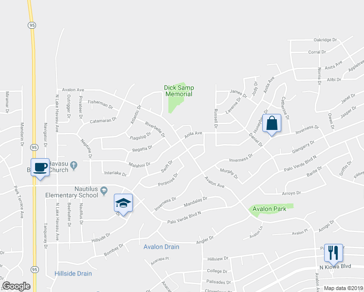 map of restaurants, bars, coffee shops, grocery stores, and more near 1545 Avalon Avenue in Lake Havasu City