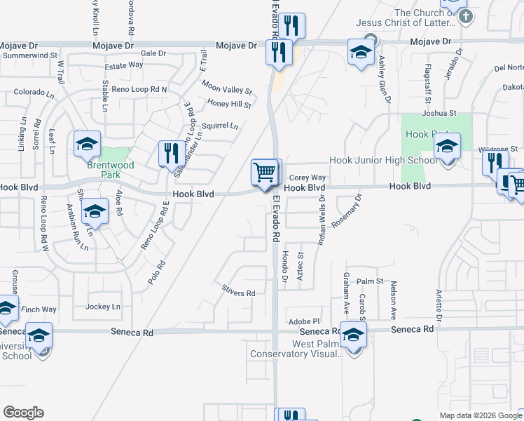 map of restaurants, bars, coffee shops, grocery stores, and more near 14801 Hidden Rock Court in Victorville