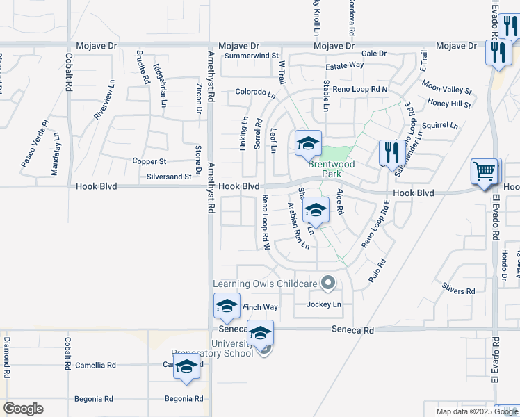 map of restaurants, bars, coffee shops, grocery stores, and more near 14843 Coachman Road in Victorville