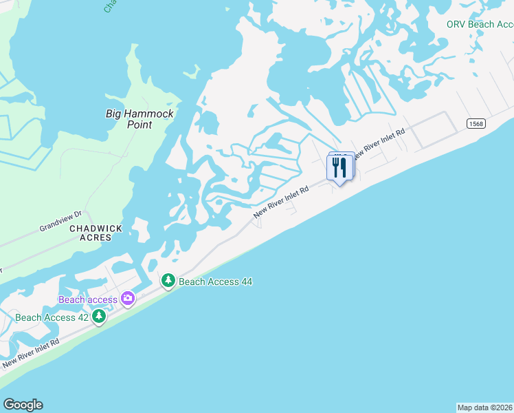 map of restaurants, bars, coffee shops, grocery stores, and more near 1867 New River Inlet Road in North Topsail Beach