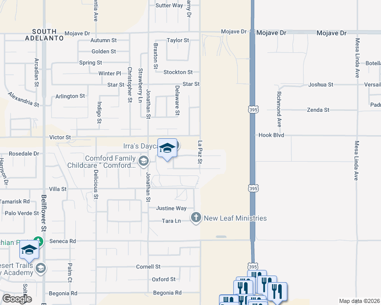 map of restaurants, bars, coffee shops, grocery stores, and more near 11840 Wallflower Court in Adelanto