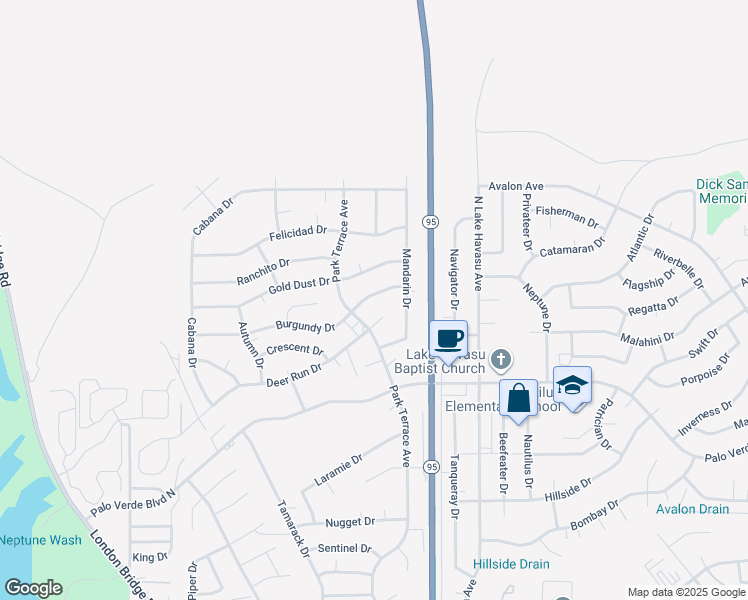 map of restaurants, bars, coffee shops, grocery stores, and more near 1614-1638 Park Terrace Avenue in Lake Havasu City
