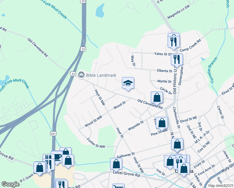 map of restaurants, bars, coffee shops, grocery stores, and more near 375 Old Cleveland Road in Cornelia