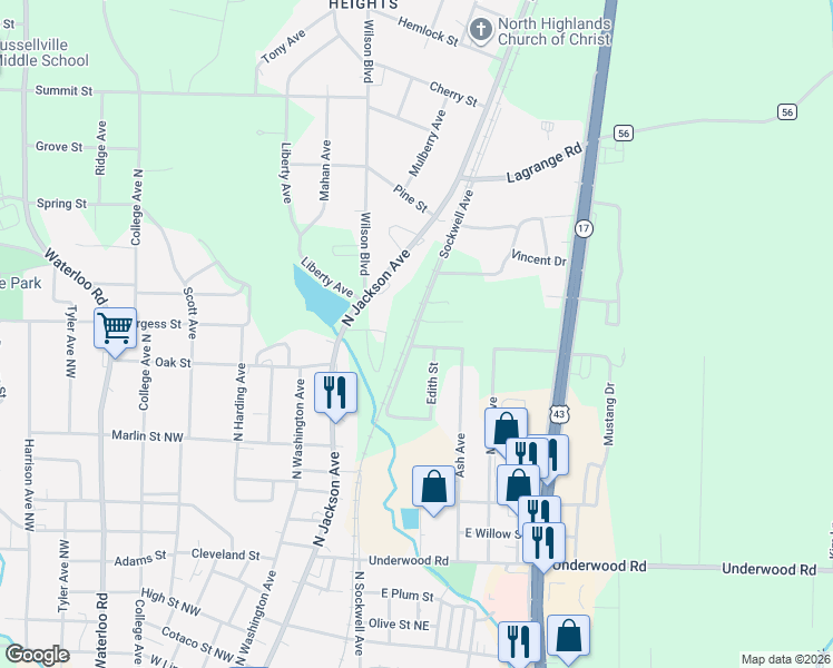 map of restaurants, bars, coffee shops, grocery stores, and more near 78-86 Edith Street in Russellville