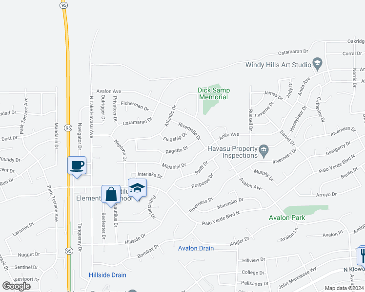 map of restaurants, bars, coffee shops, grocery stores, and more near 2365 Regatta Drive in Lake Havasu City