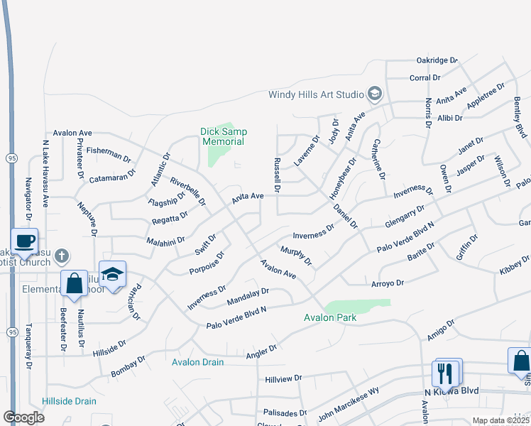 map of restaurants, bars, coffee shops, grocery stores, and more near 1514 Pebble Drive in Lake Havasu City