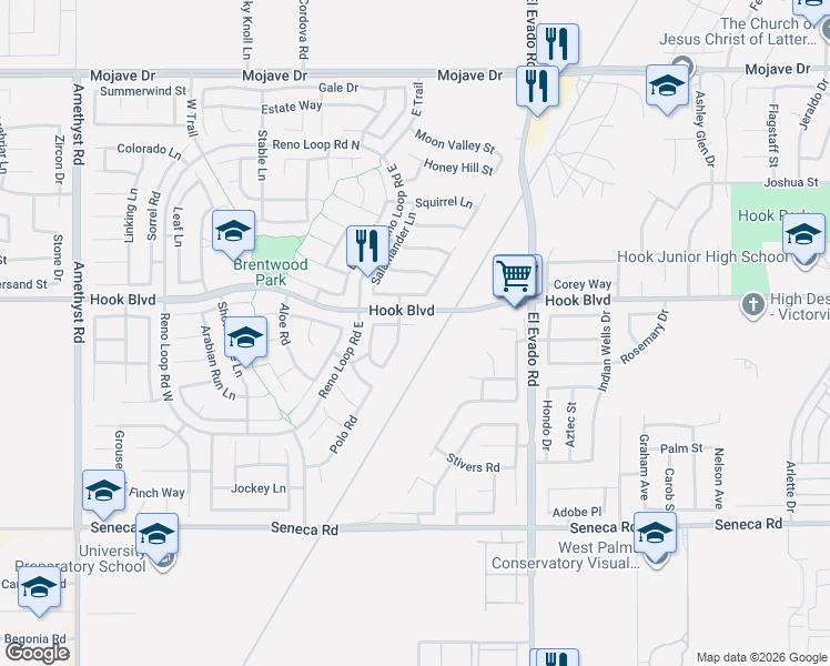 map of restaurants, bars, coffee shops, grocery stores, and more near 14841 Steeplechase Road in Victorville