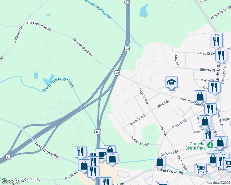 map of restaurants, bars, coffee shops, grocery stores, and more near 252 Crabapple Lane in Cornelia