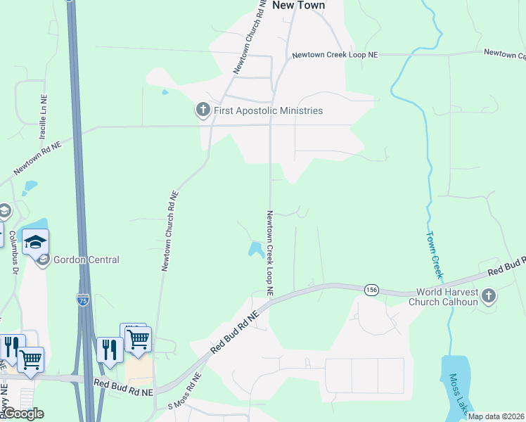 map of restaurants, bars, coffee shops, grocery stores, and more near 233 Newtown Creek Loop Northeast in Calhoun