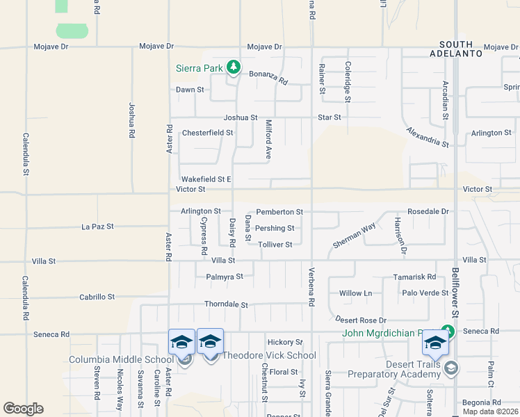 map of restaurants, bars, coffee shops, grocery stores, and more near 10744 Pemberton Street in Adelanto