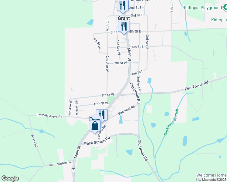 map of restaurants, bars, coffee shops, grocery stores, and more near Main Street in Grant