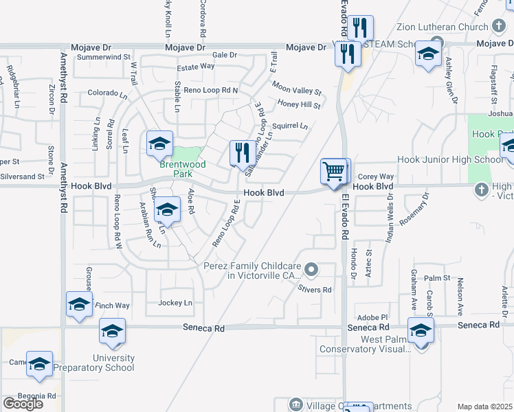 map of restaurants, bars, coffee shops, grocery stores, and more near 14243 Caballo Court in Victorville