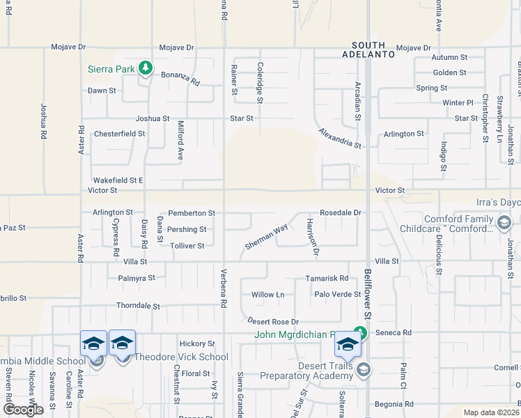 map of restaurants, bars, coffee shops, grocery stores, and more near 11008 Pemberton Way in Adelanto