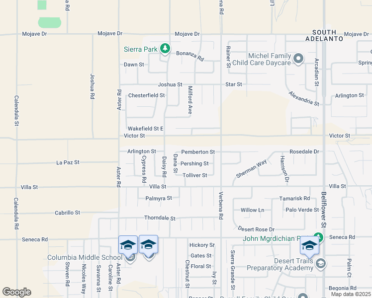map of restaurants, bars, coffee shops, grocery stores, and more near 10754 Pemberton Street in Adelanto
