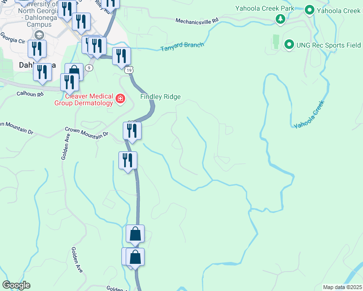 map of restaurants, bars, coffee shops, grocery stores, and more near Stoneybrook Drive in Dahlonega