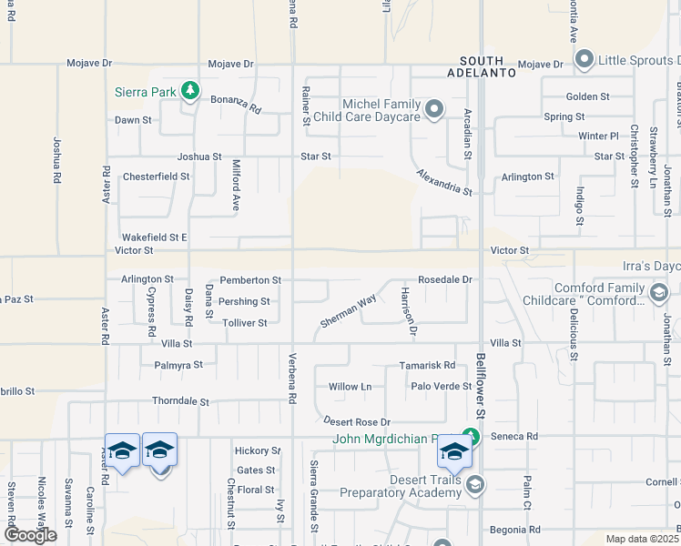 map of restaurants, bars, coffee shops, grocery stores, and more near 11008 Pemberton Way in Adelanto