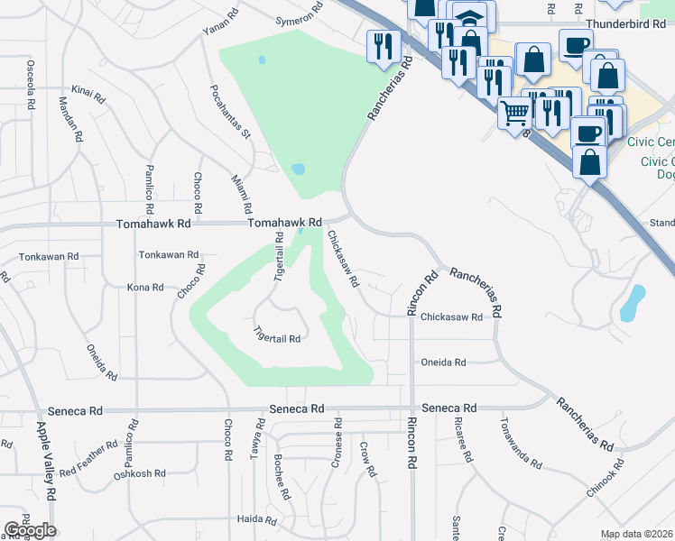map of restaurants, bars, coffee shops, grocery stores, and more near 19935 Chickasaw Road in Apple Valley