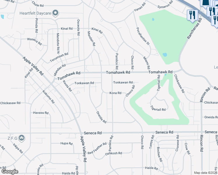 map of restaurants, bars, coffee shops, grocery stores, and more near 19530 Tonkawan Road in Apple Valley