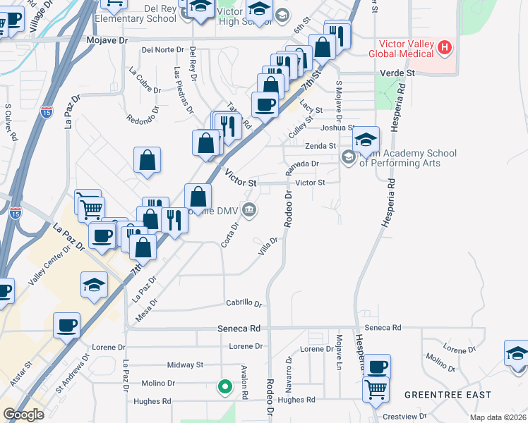 map of restaurants, bars, coffee shops, grocery stores, and more near 427 Victor Court in Victorville