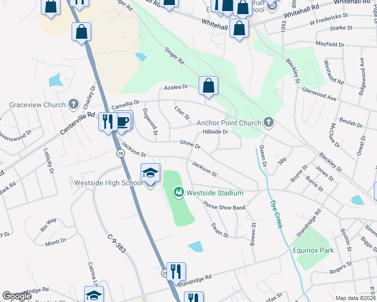 map of restaurants, bars, coffee shops, grocery stores, and more near 201 Hillside Drive in Anderson